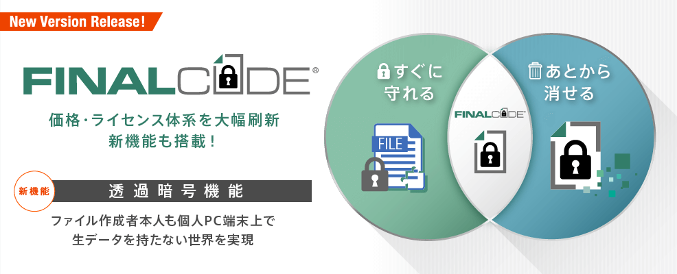 「FinalCode®」Ver.6 すぐに守れる・後から消せる　[新機能] 透過暗号機能 ファイル作成者本人も個人PC端末上で生データを持たない世界を実現 価格・ライセンス体系を大幅刷新 新機能も搭載！